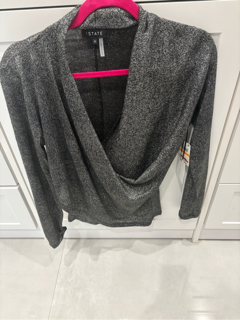 Macy's 1.STATE Silver-Black Metallic Draped V-Neck Sweater